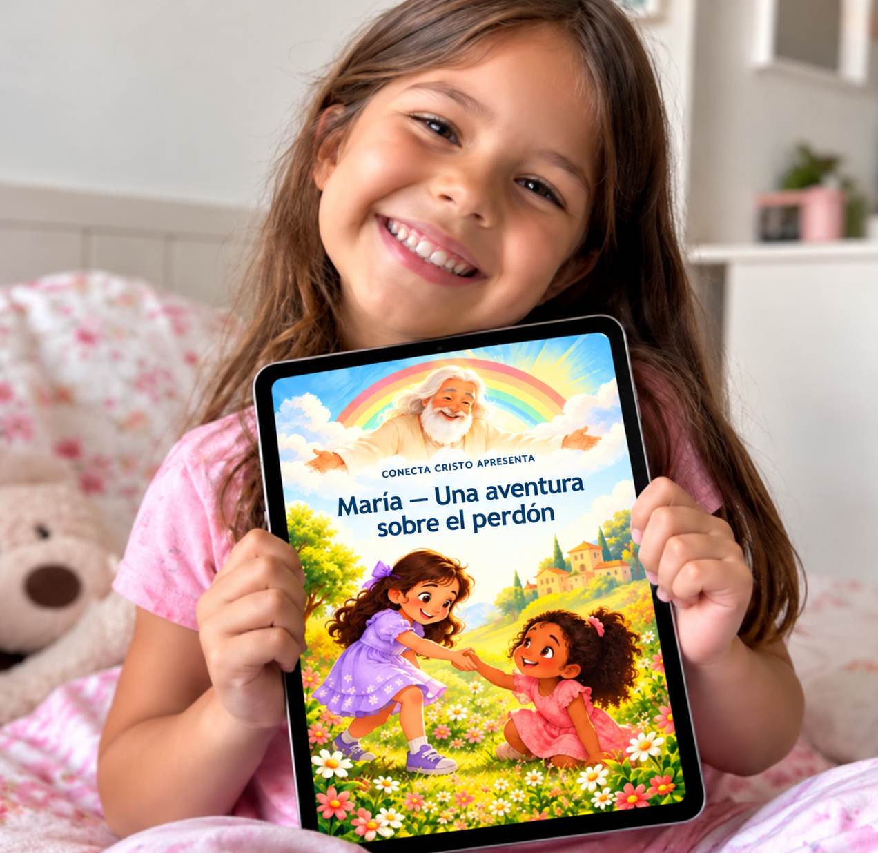 Niña mostrando un cuento en una tablet