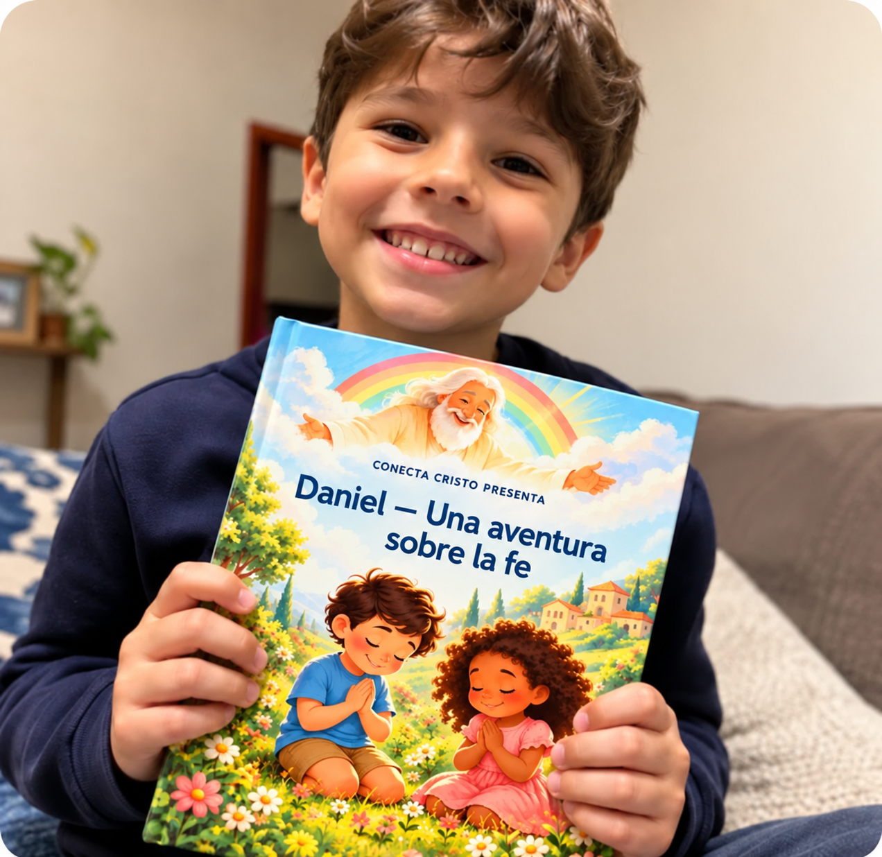 Niño mostrando su libro sobre la fe