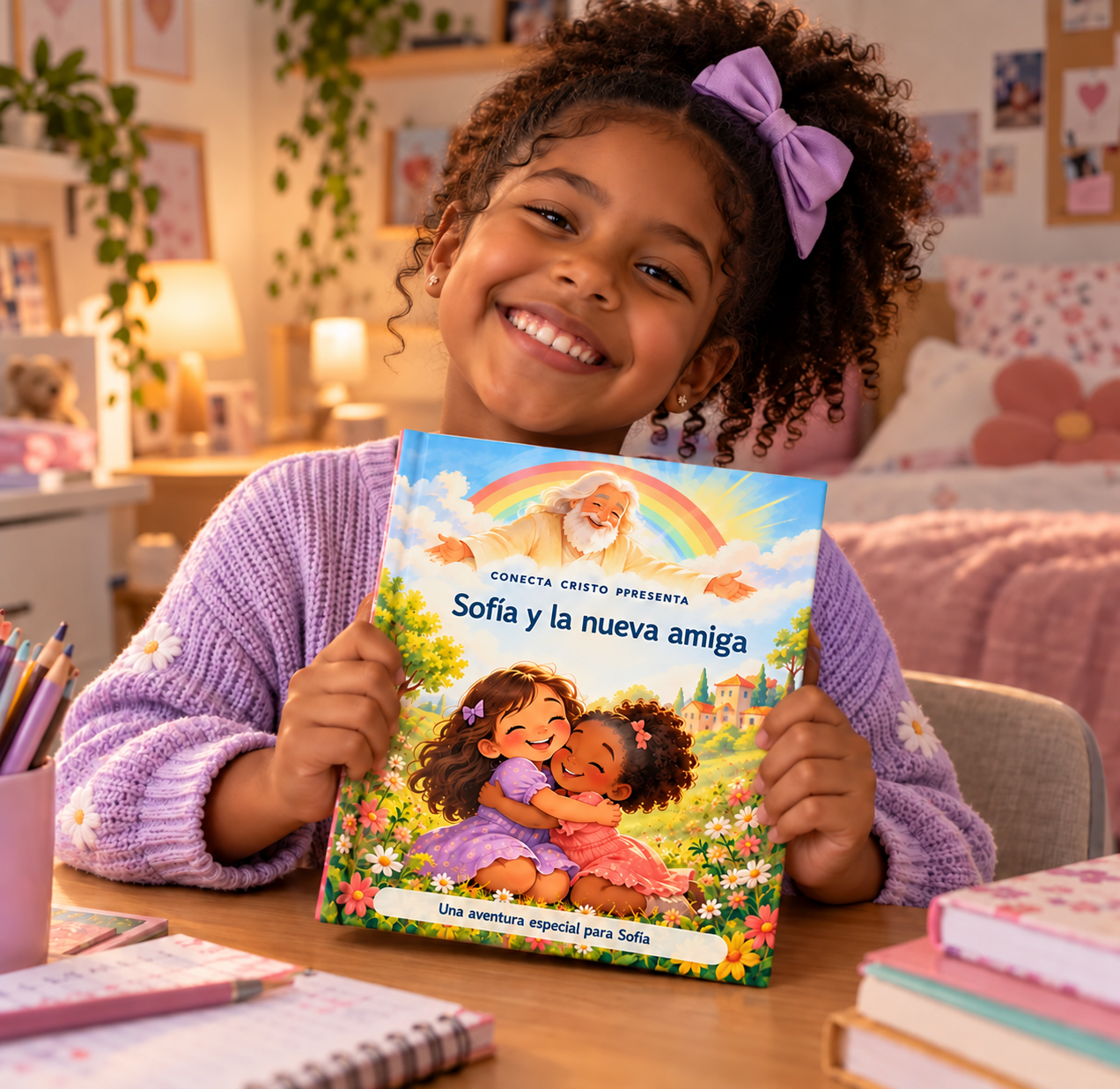 Niña mostrando el libro Sofía y la nueva amiga