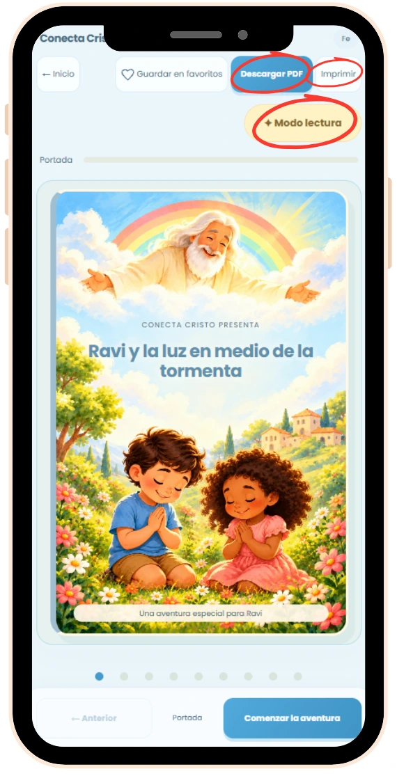 Historia personalizada con los botones de descargar PDF, imprimir y modo lectura destacados