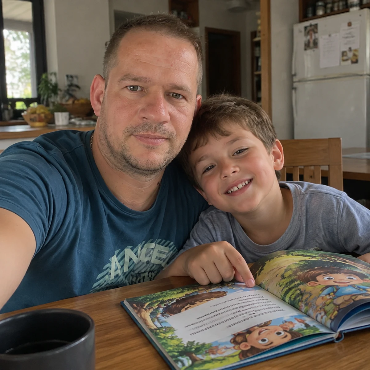 Papá e hijo compartiendo un libro