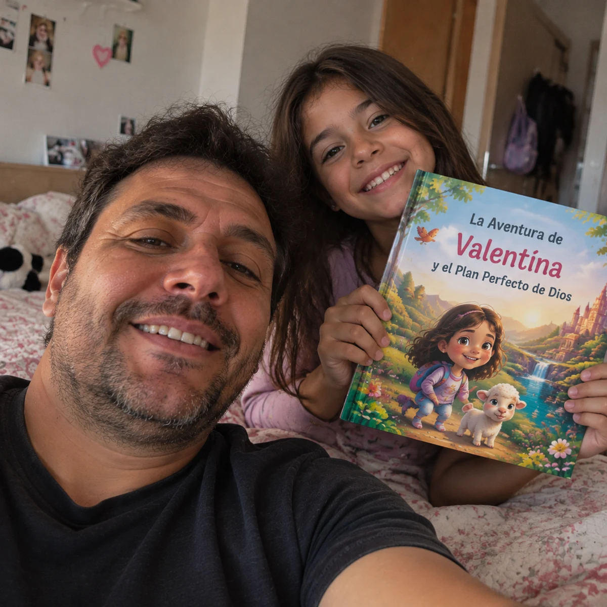 Papá e hija mostrando la portada del libro